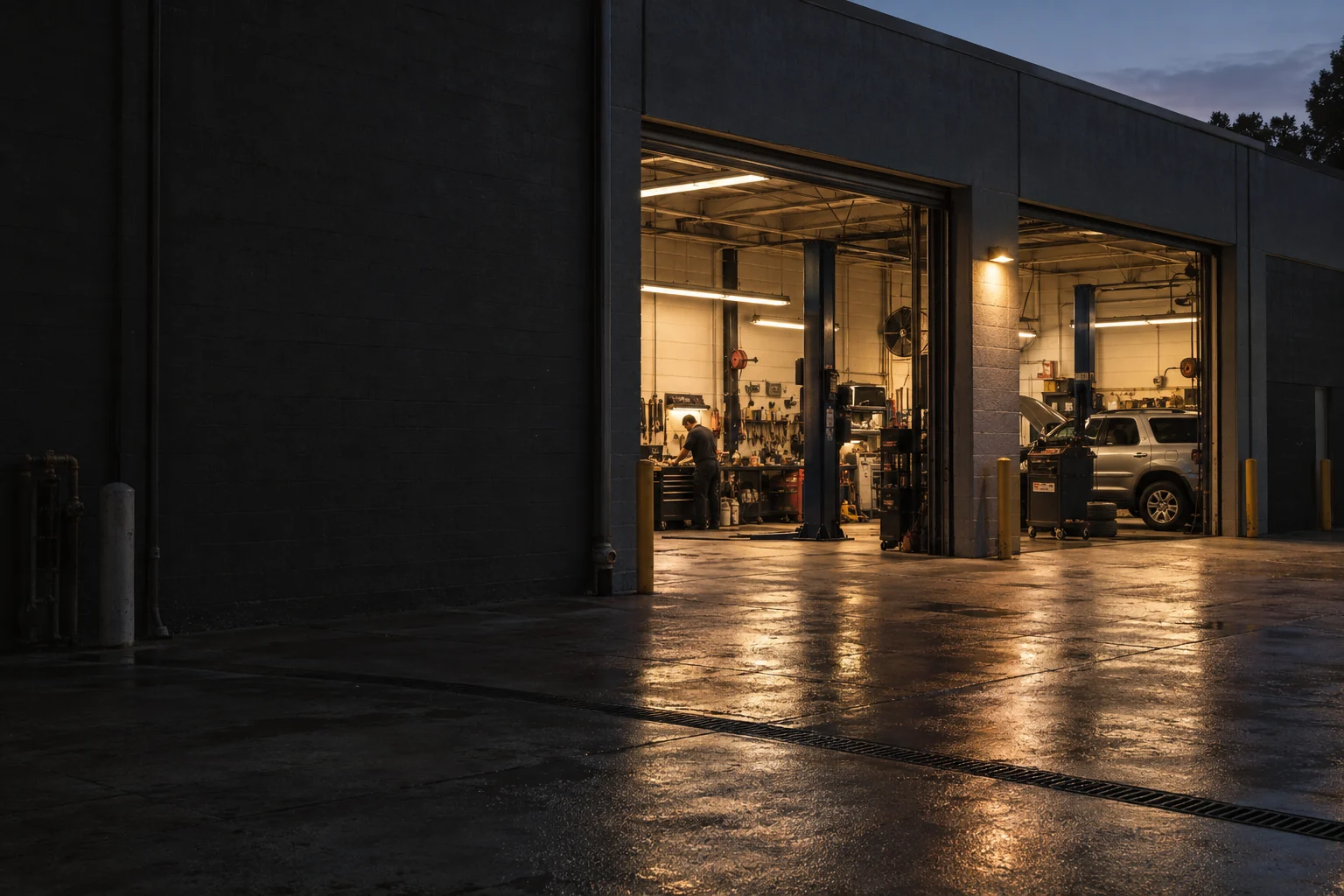 An illuminated automotive service bay at dusk.